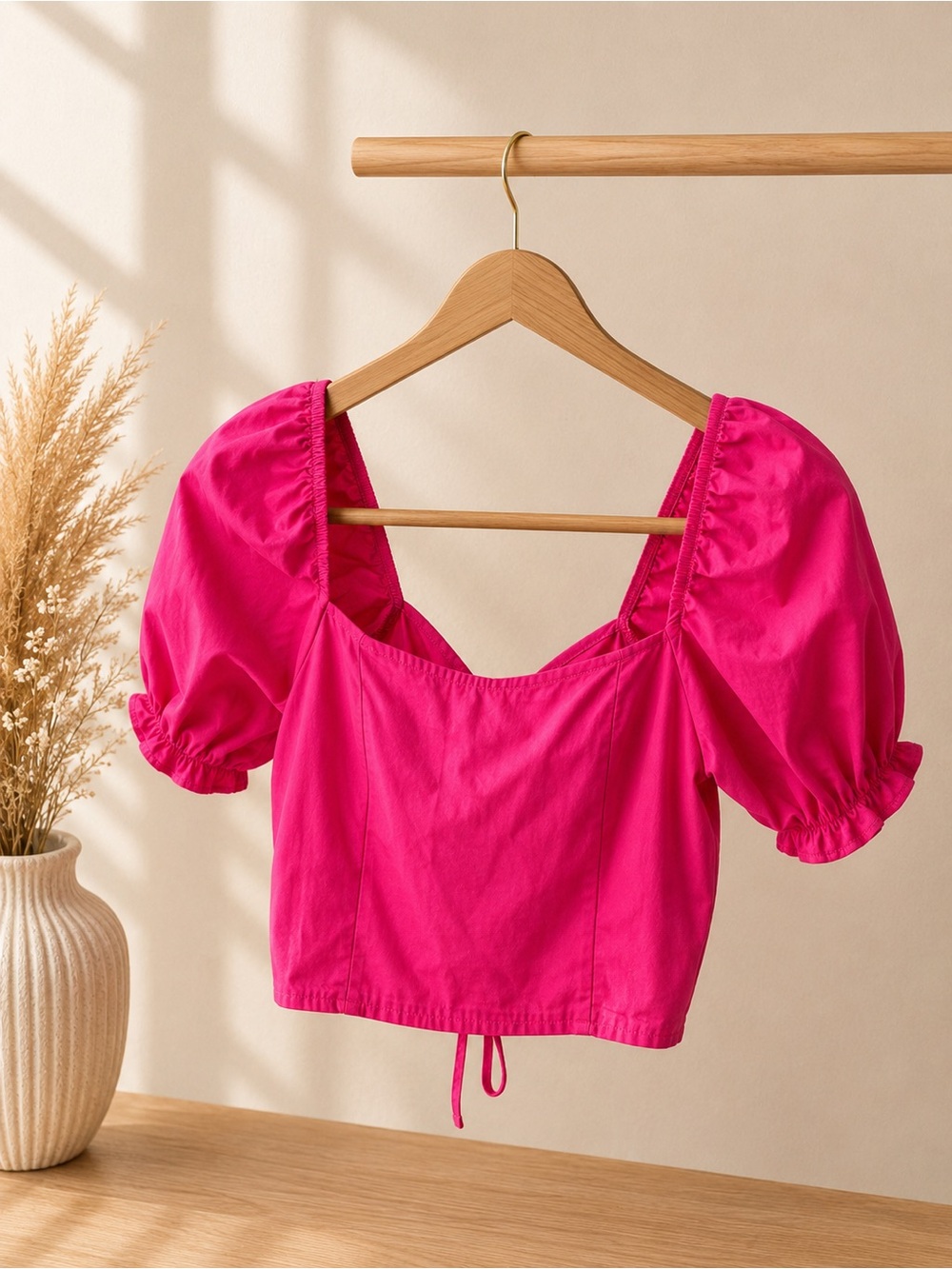 Love Notes Hot Pink Puff Sleeve Crop Top – Size Small